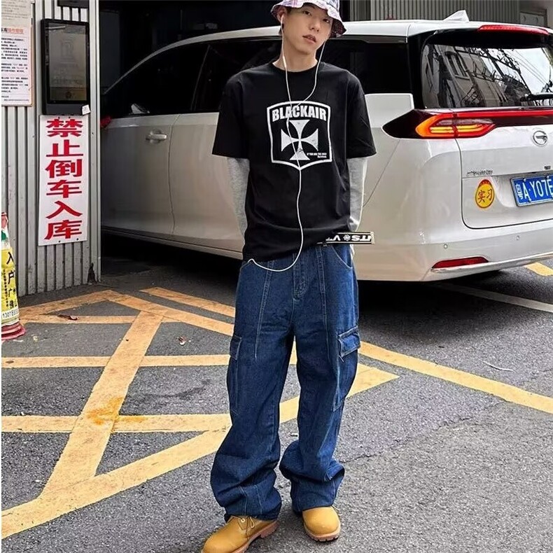 复古水洗工装牛仔裤男宽松痞帅直筒美式阔腿拖地裤N8044-P48，男装牛仔裤，星座208-5