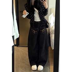 美式刺绣设计丹宁原牛baggy弯刀牛仔裤男女款阔腿宽松LA5355-P45，男装牛仔裤，星座1008