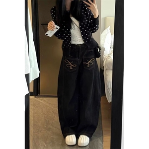 美式刺绣设计丹宁原牛baggy弯刀牛仔裤男女款阔腿宽松LA5355-P45图片