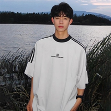 夏季美式高街重磅纯棉三条杠织带撞色男女短袖T恤ZD646-特P30，男装T恤，电商A486-1