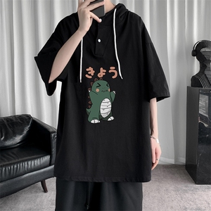 LD54037-P45 连帽短袖t恤男大码胖子带帽五分袖中袖图片