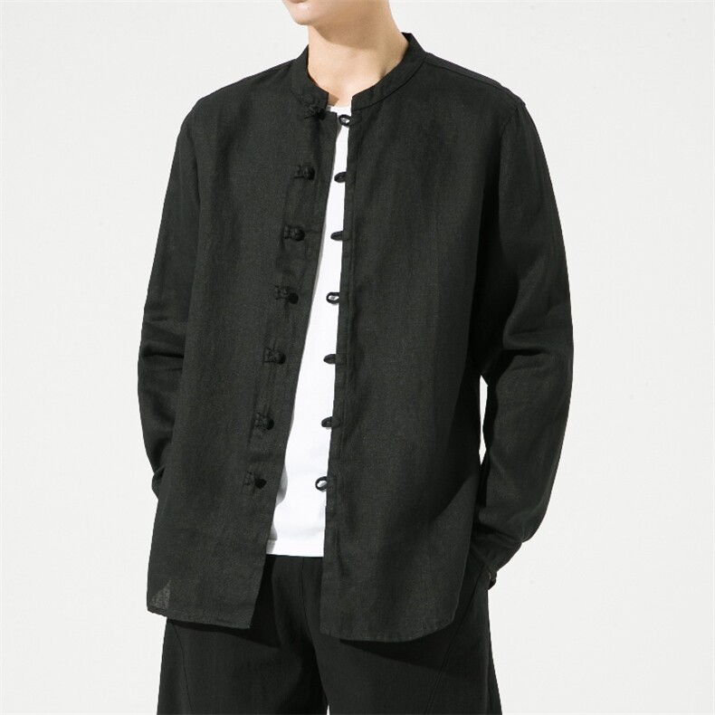 0628^中式男装纯亚麻盘扣衬衫风棉麻唐装长袖衬衣,男装衬衫,钱塘777(原3023)