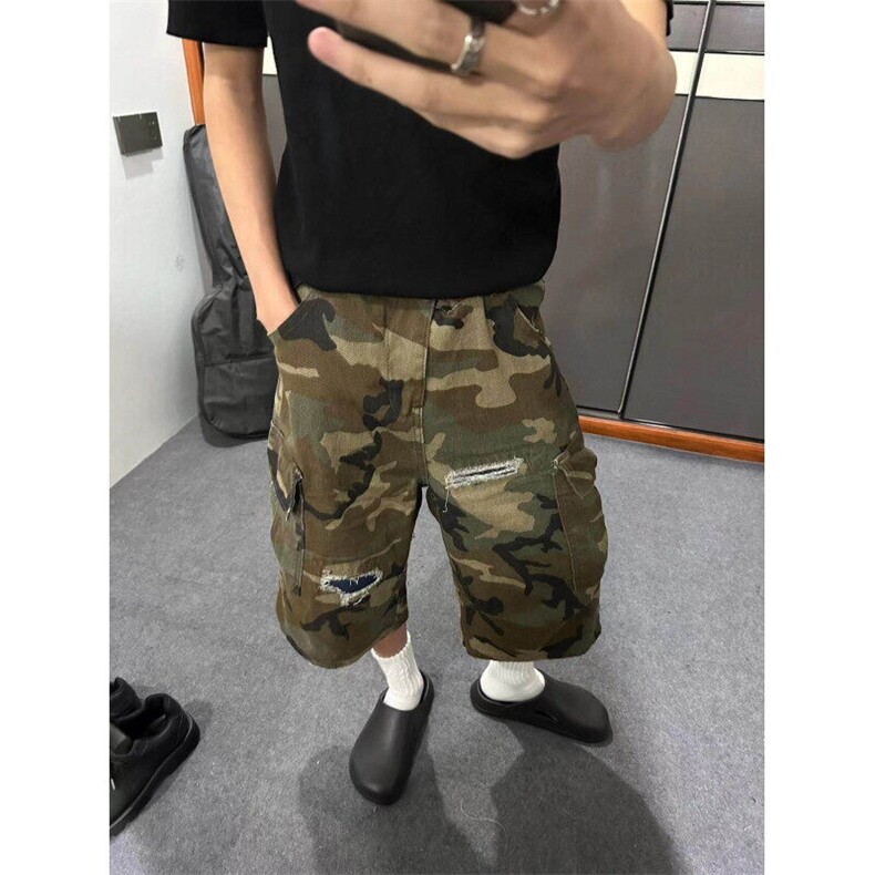 春夏季美式破洞补丁直筒迷彩七分裤男女宽松休闲短裤DK03127-P51图片