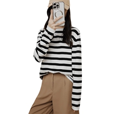 时尚条纹拼色长袖针织衫简约百搭显瘦秋季女装毛衣，女装针织衫/毛衣，佰旭羊绒