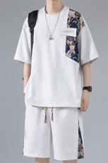 国潮套装男夏季潮牌拼接中国风两件套宽松休闲大码短袖小熊短裤子，男装T恤，电商A022