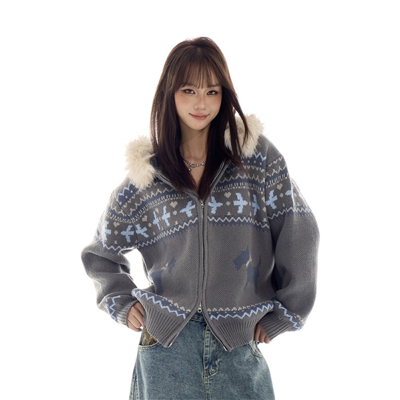 重磅北极绒座山雕毛衣外套冬美式复古休闲慵懒风大毛毛领针织开衫，男装针织衫/毛衣，电商A443