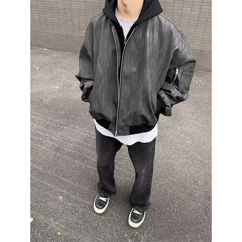 高级感拉链连帽假两件夹克男街头痞帅宽松百搭外套皮衣JK9288-P87图片