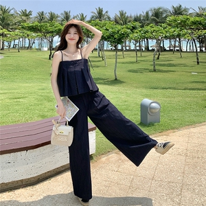 藏青色氛围感辣妹牛仔吊带背心套装女夏新款洋气薄款阔腿裤两件套图片