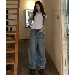 美式复古潮牌设计感烫钻牛仔裤男女阔腿宽松高级感裤子N24-P81图片