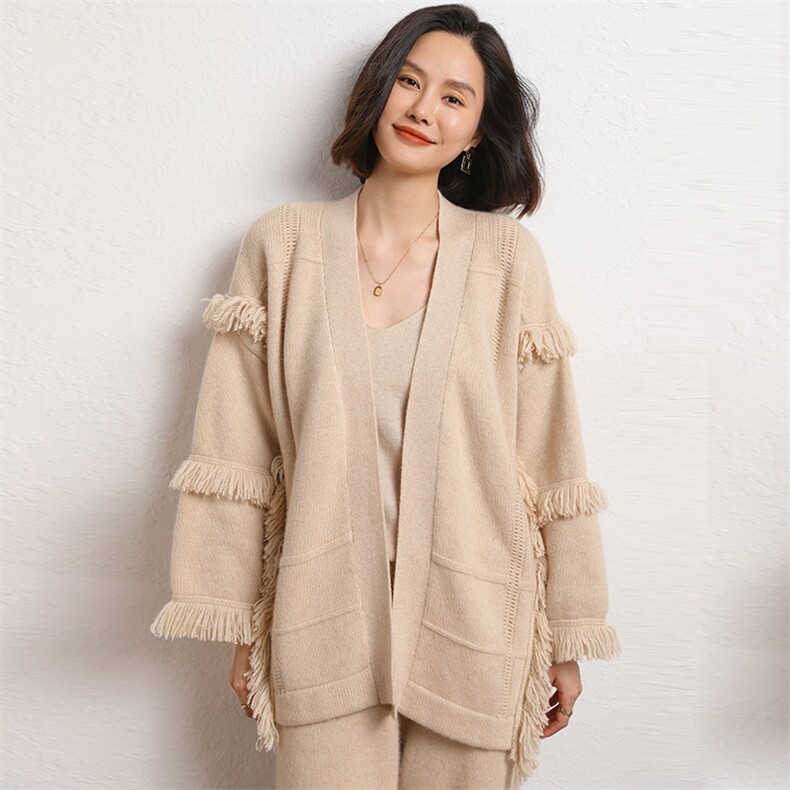 秋冬羊绒衫开衫女流苏时尚外套毛衣宽松上衣,女装羊绒衫,五色羊羊绒