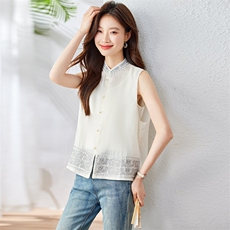 刺绣单排扣马甲2025年夏季薄款百搭拼接绣花上衣马甲，女装马甲，新依时派