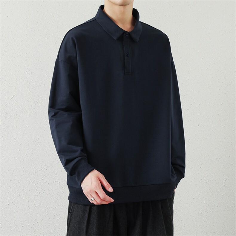 抖音得物高品质二开230克精梳珠地光版纯色宽松长袖T恤翻领POLO衫,男装T恤,电商A486