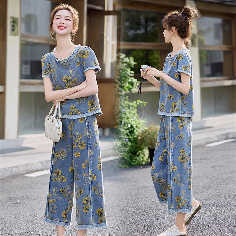 休闲时尚印花牛仔套装女2025超火夏装一整套洋气减龄九分裤两件套,女装套装/套裙,涵墨