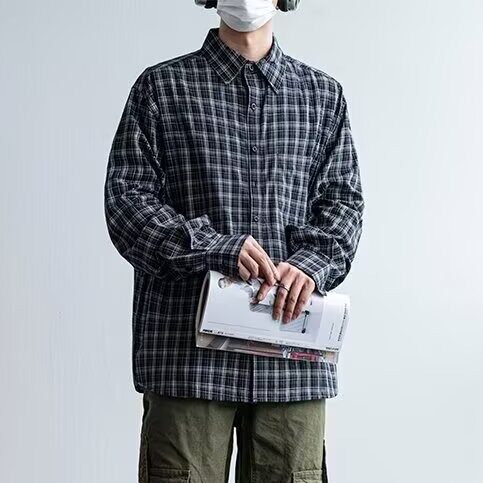 1506/Q30560/P38日系潮子衬衫男春秋季新款百搭复古格纹情侣衬衣图片