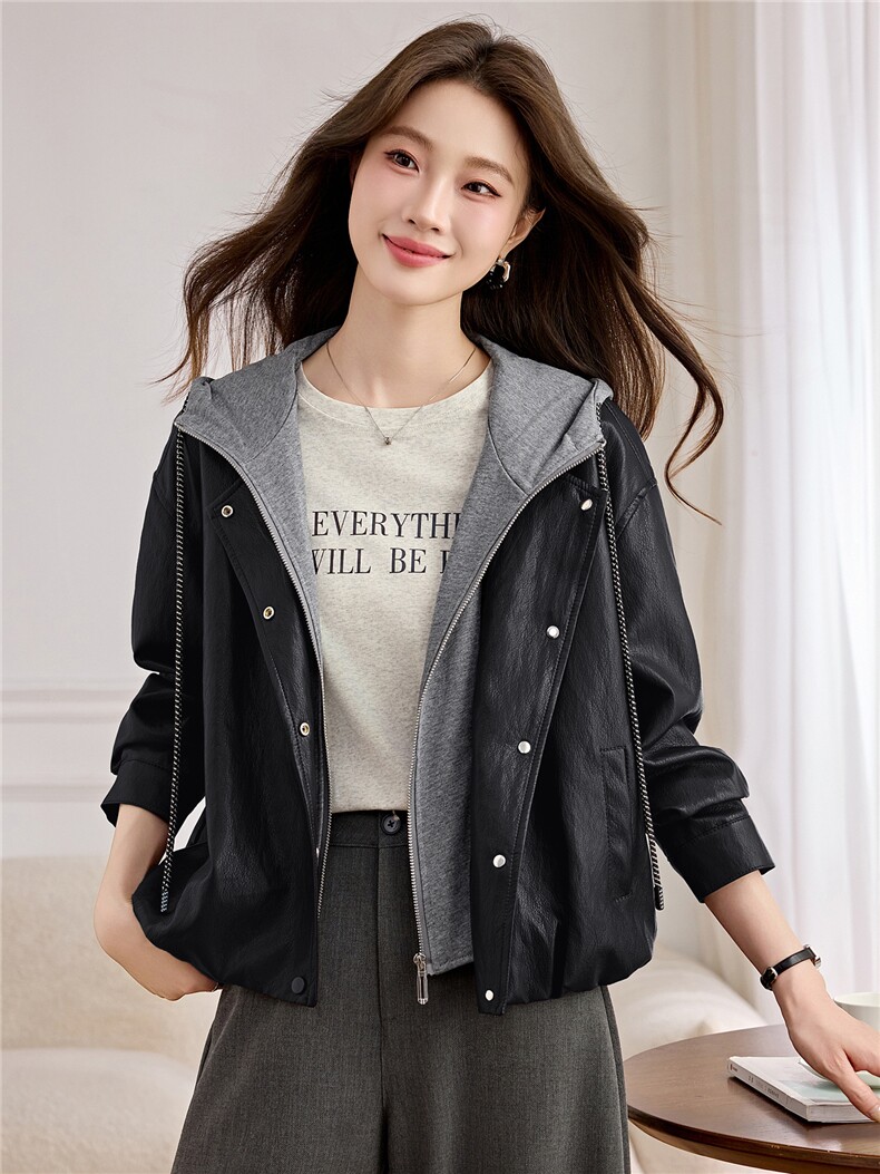 B款海宁皮衣女款B款2026年新款洋气休闲宽松春秋连帽皮夹克外套,女装皮衣,潮流依族