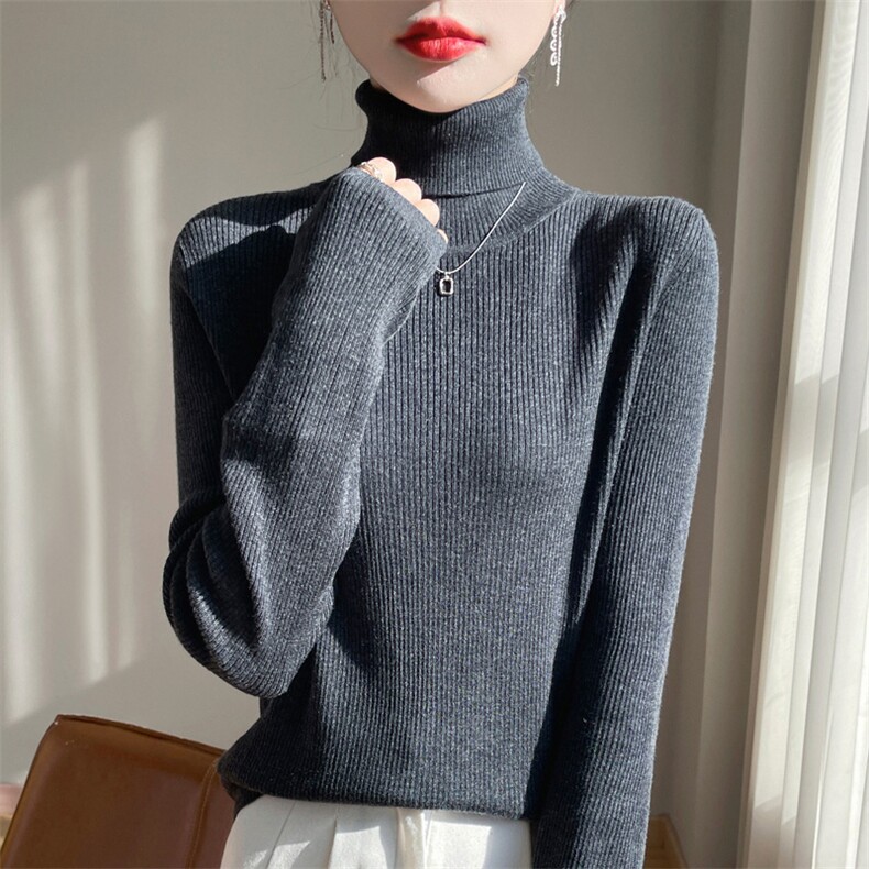 精纺细毛高翻领针织打底衫女2025新款长袖薄款内搭显瘦软糯毛衣,女装羊毛衫,总能电商供货