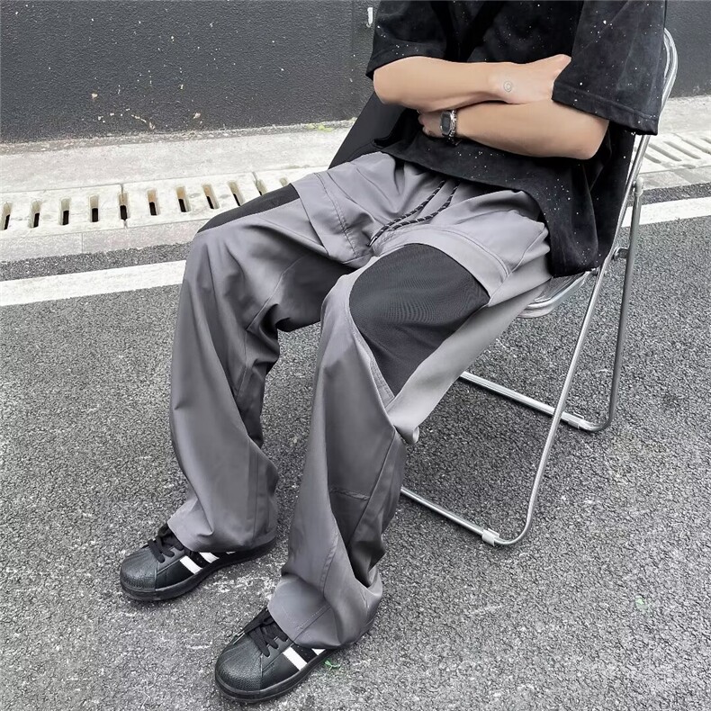 冲锋裤男夏季薄款美式潮牌痞帅宽松直筒裤子拼接撞色微喇休闲裤,男装休闲裤,星座601-2