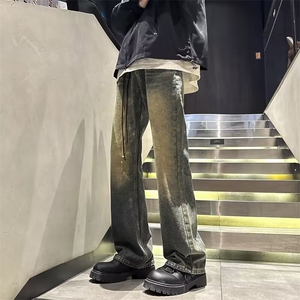 带挂饰~直筒牛仔裤男女美式高街裤子水洗做旧黄泥修身微喇长裤图片