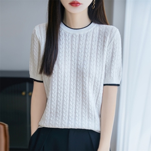 纯棉白色t恤女短袖简约女装高级感上衣宽松薄款透气圆领针织小衫图片