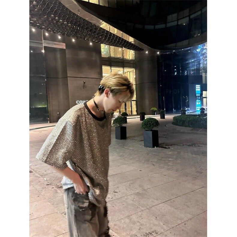 CP1186-P49计感垫肩t恤潮牌痞帅亮晶晶半拉链短袖男夏季高级感,男装T恤,电商B323A