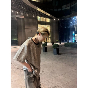 CP1186-P49 计感垫肩t恤潮牌痞帅亮晶晶半拉链短袖男夏季高级感图片