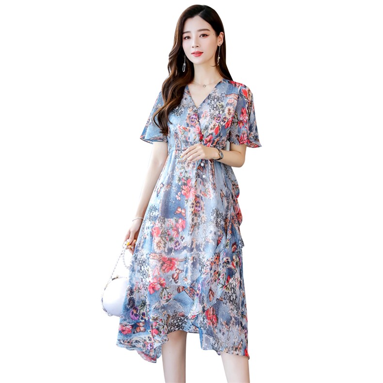 碎花2021年夏季V领时尚气质简约中长款百搭韩版优雅连衣裙,女装连衣裙,瑶迪依秀