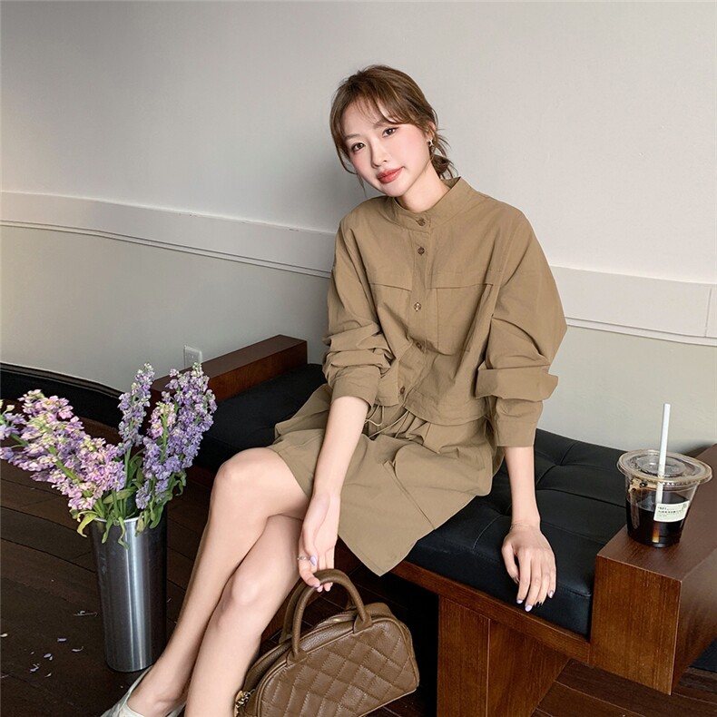 卡其色假两件工装风连衣裙女2025春新款超好看抽绳收腰显瘦A字裙,女装套装/套裙,2C115