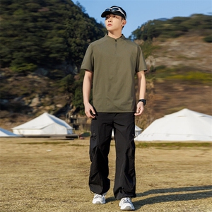 T835 夏季男士圆领纯色速干运动半拉链短袖T恤P42 模特图 绿色图片