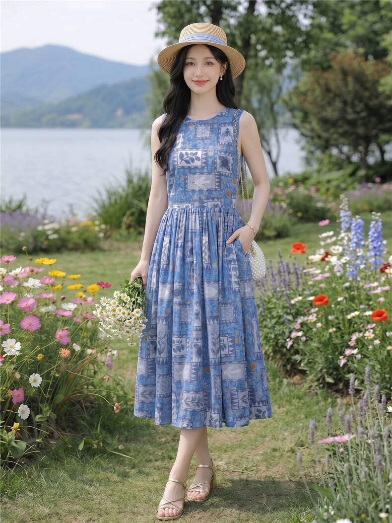 蓝色印花无袖宽松版时尚学院风连衣裙,女装连衣裙,水衣源