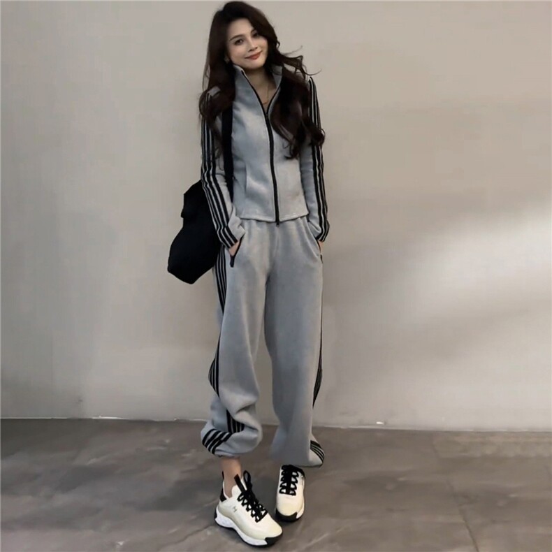 时尚休闲减龄套装女春新款修拉链开衫立领长袖上衣阔腿长裤两件套,女装套装/套裙,江南