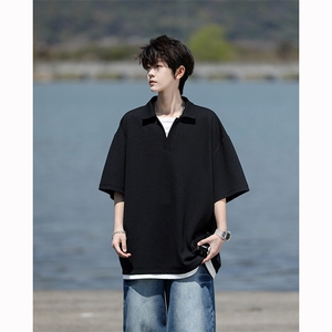 8XL-M假两件V领短袖t恤男夏翻领半袖宽松重磅华夫格大码DT001P40图片