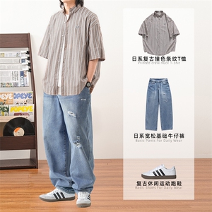 新港风 套装撞色条纹衬衫破洞宽松牛仔裤K1739+K2150-P105控166图片