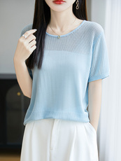 其他常规夏季短袖2025年夏季圆领T恤女宽松显瘦垂感小衫上衣，女装T恤，暖圣羊羊绒