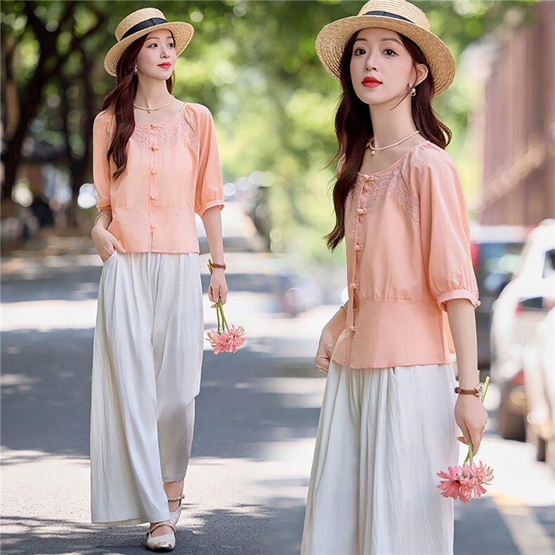 夏季新款时尚奢华气质盘扣套装国风宽松棉麻阔腿裤两件套，女装套装/套裙，依路服饰
