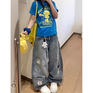 日系流行原宿潮流新款美式复古弯刀牛仔裤女夏文艺气质 N6073图片
