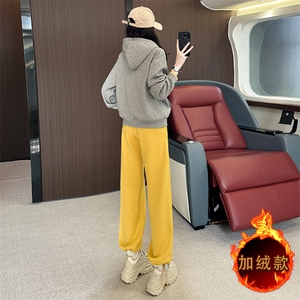女秋冬加绒撞色连帽卫衣阔腿裤两件套图片