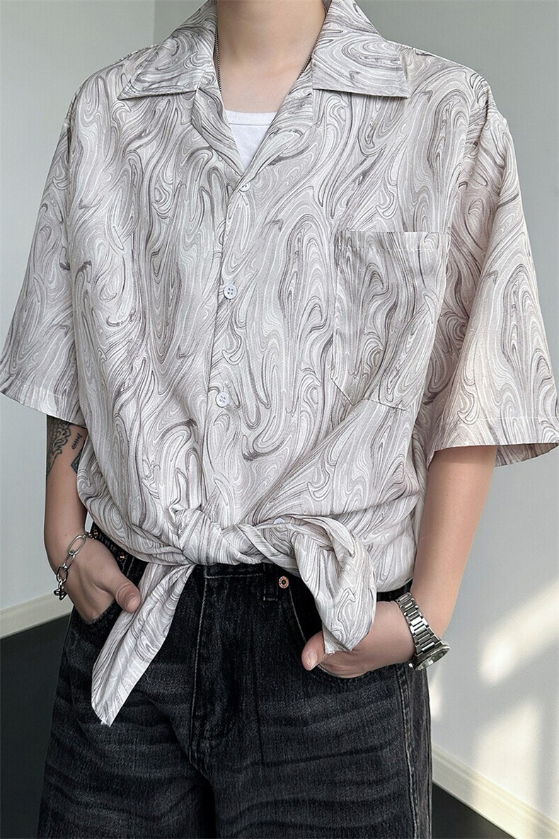 8XL-M冰丝古着感波浪纹短袖衬衫男宽松休闲沙滩古巴领衬衣CS528,男装衬衫,电商D206-1