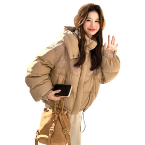 设计感拼接短款连帽羽绒服女冬小个子保暖泡芙加厚面包服宽松外套图片