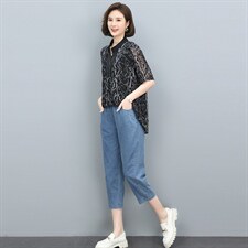 2022夏季新款文艺时尚印花牛仔套装显瘦修身气质女装两件套，女装套装/套裙，依恋蒂丝