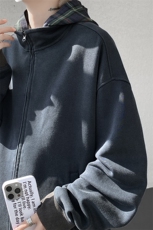 美式做旧假两件连帽卫衣男秋季潮牌拉链拼接格子开衫外套WY20P78，女装短外套，电商D206-1
