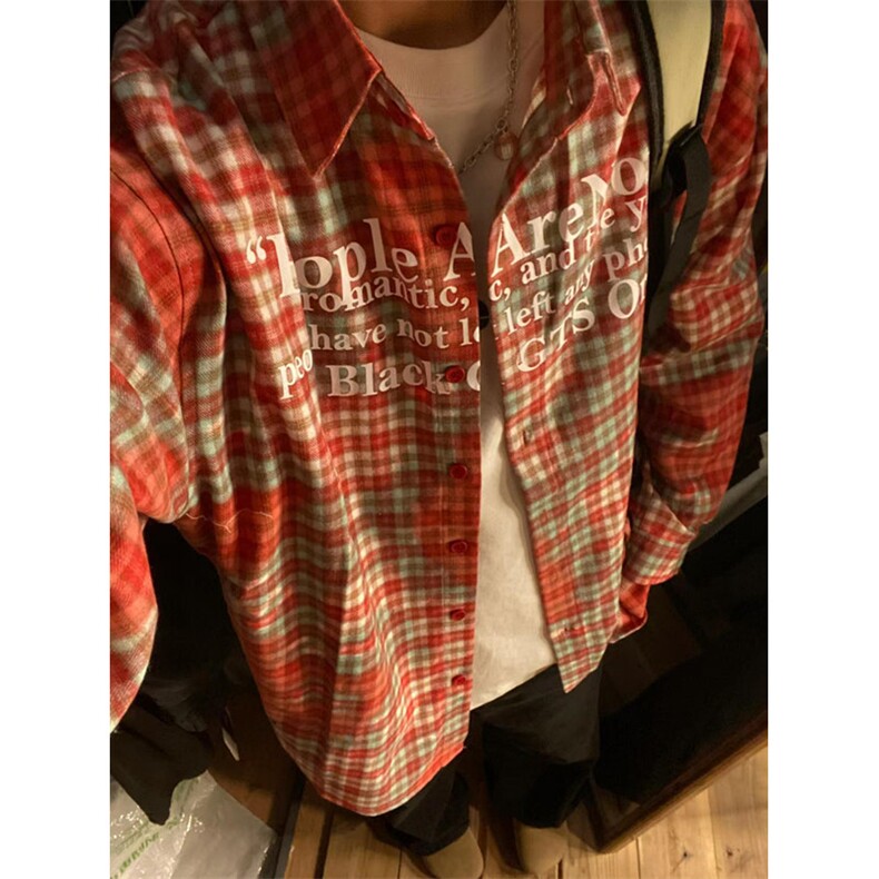 美式字母印花拼色扎染格子衬衫春秋男女宽松衬衣外套潮C3003,男装衬衫,星座1116A（原606A-3）