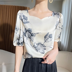 夏季新款醋酸真丝绸棉印花短袖女宽松百搭半袖T恤内搭打底衫上衣，女装衬衫，朝贺羊绒