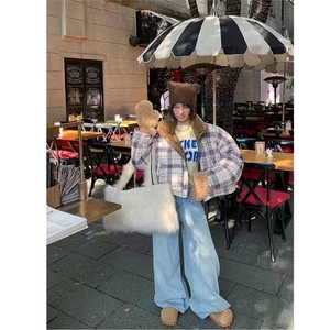 韩系格子短款棉服女冬季2025新款加厚好看棉衣小个子女款棉袄外套图片
