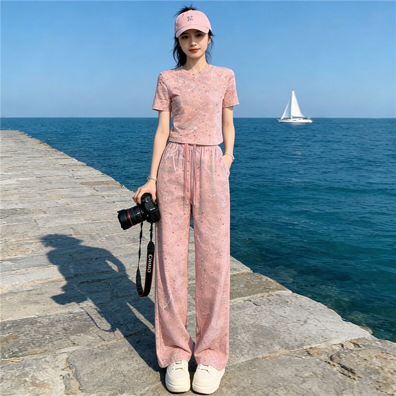 女夏季欧货潮流时尚运动休闲套装粉色扎染短袖上衣阔腿长裤两件套,女装套装/套裙,江南