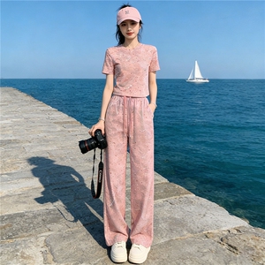 女夏季欧货潮流时尚运动休闲套装粉色扎染短袖上衣阔腿长裤两件套图片