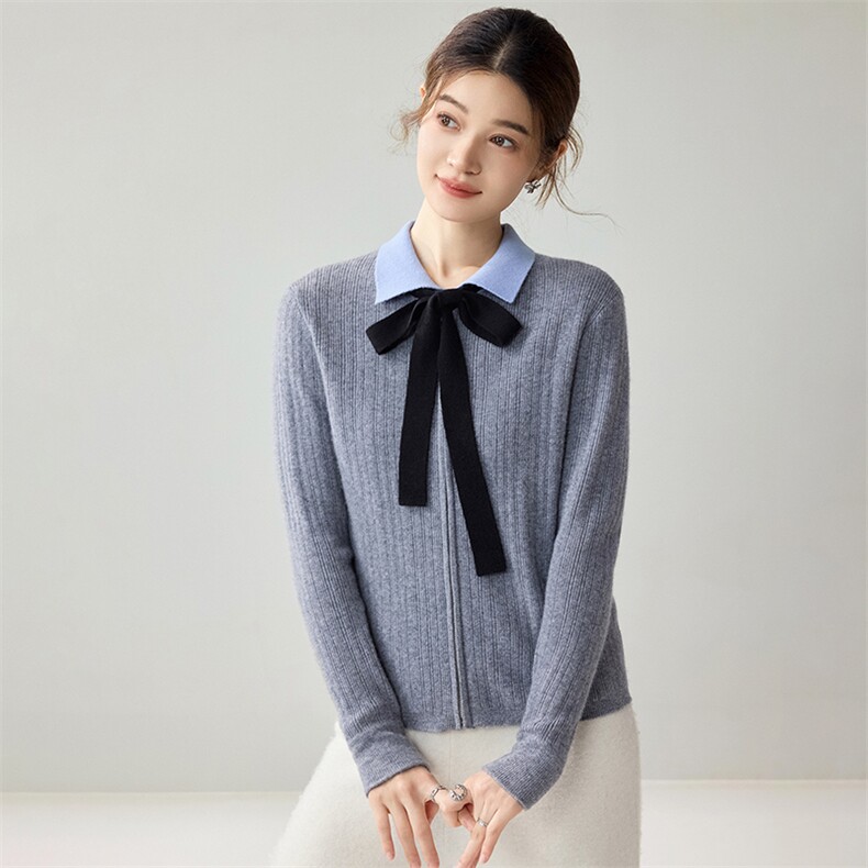 学院风POLO领蝴蝶结领结山羊绒开衫女长袖拉链毛衣外套减龄上衣潮，女装针织衫/毛衣，暖绒情旗舰店