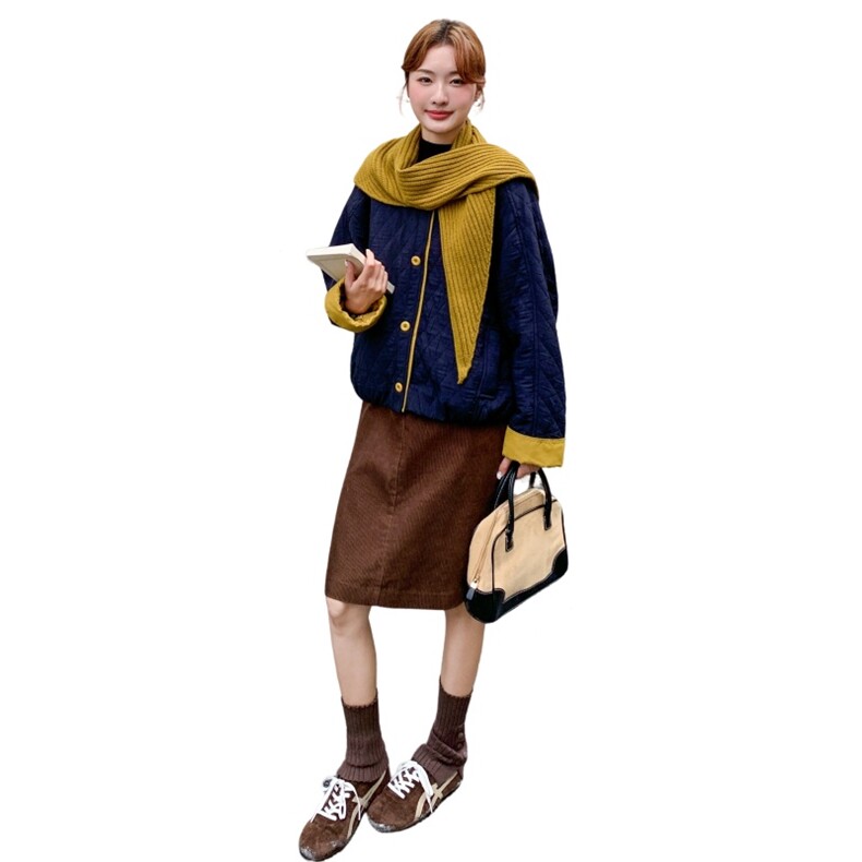 针织围巾撞色圆领菱格棉服女2025冬季新款超火流行小个子轻薄外套,女装棉衣/棉服,2C323