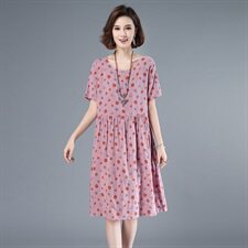 2021年夏季通勤韩版中长款A字裙圆领印花圆点套头40-49周岁裙子，女装连衣裙，伊满意