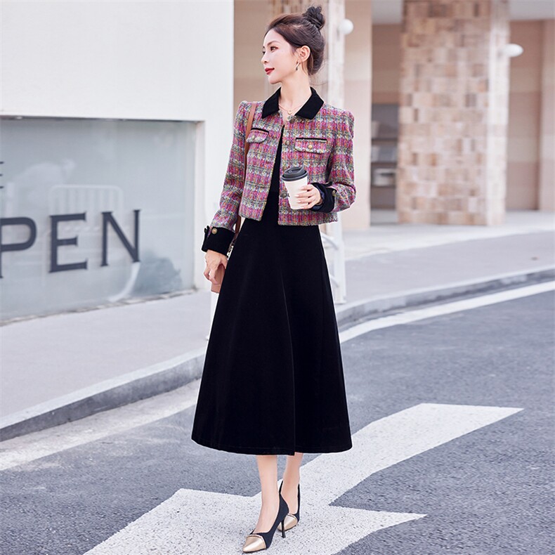 金丝绒两件套装裙子女装2025新款春秋冬轻奢高级感小香风毛呢外套,女装套装/套裙,众宇琦