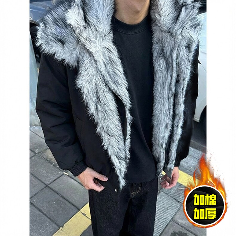 现货高品质美式高街重磅狼王座山雕毛毛领假两件棉衣加厚棉服外套，男装棉衣，电商A443